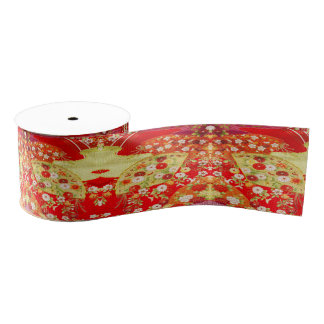 Traditional Japanese Kimono  Gold Red Floral  Grosgrain Ribbon