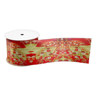 Traditional Japanese Kimono  Gold Red Floral  Satin Ribbon