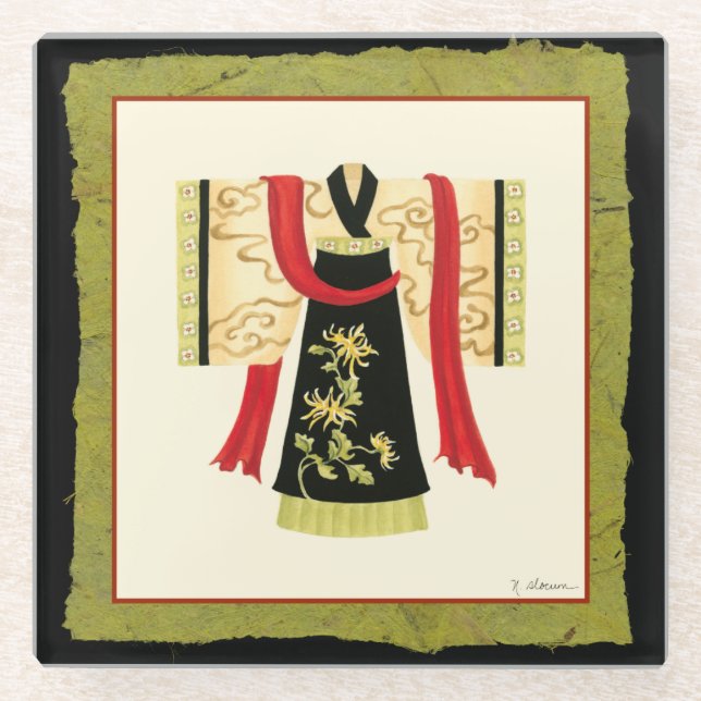 Traditional Japanese Kimono with Floral Print Glass Coaster (Front)
