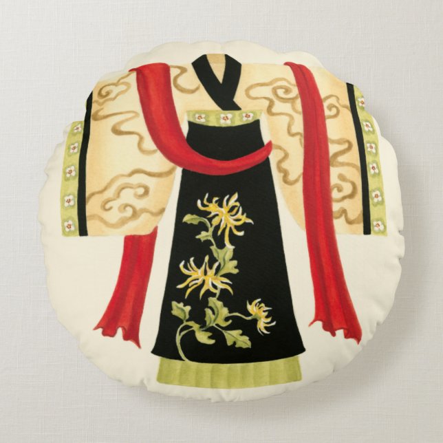 Traditional Japanese Kimono with Floral Print Round Cushion (Front)