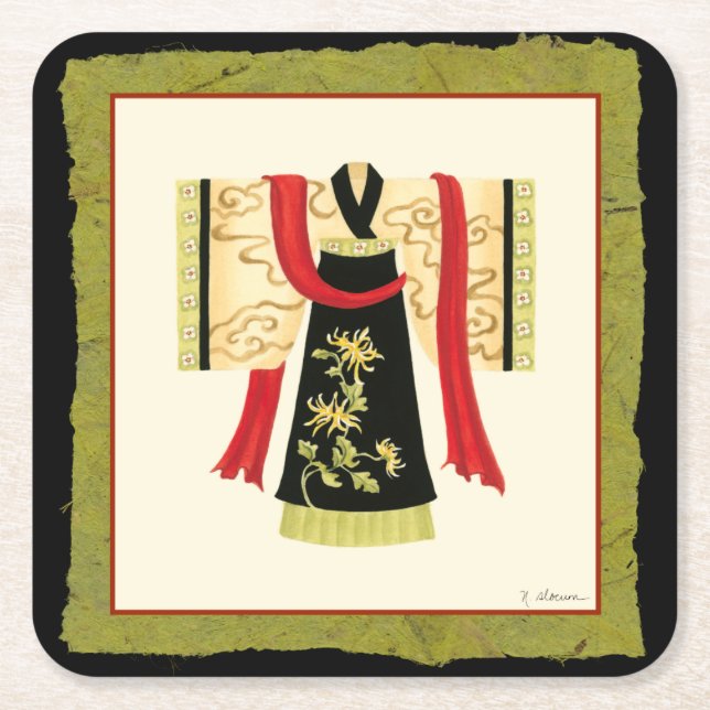 Traditional Japanese Kimono with Floral Print Square Paper Coaster (Front)