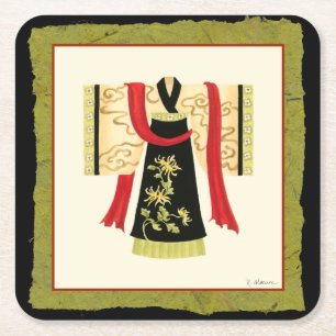 Traditional Japanese Kimono with Floral Print Square Paper Coaster
