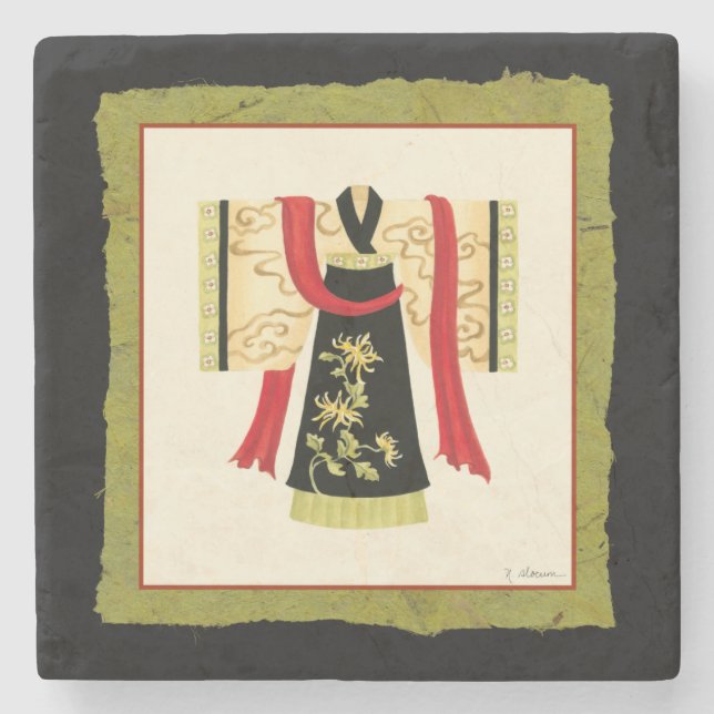 Traditional Japanese Kimono with Floral Print Stone Coaster (Front)