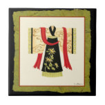 Traditional Japanese Kimono with Floral Print Tile<br><div class="desc">Nancy Slocum created this charming print of a traditional Japanese Kimono with a deep red sash. The bottom of the kimono is black with a lovely floral print. Give this as a gift, or purchase it for yourself!</div>