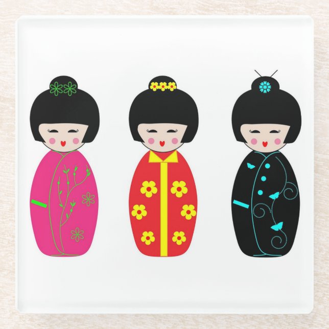 Traditional Japanese Kokeshi Geisha Dolls Glass Coaster (Front)