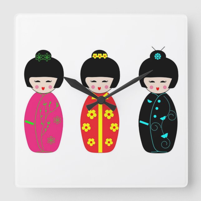 Traditional Japanese Kokeshi Geisha Dolls Square Wall Clock (Front)
