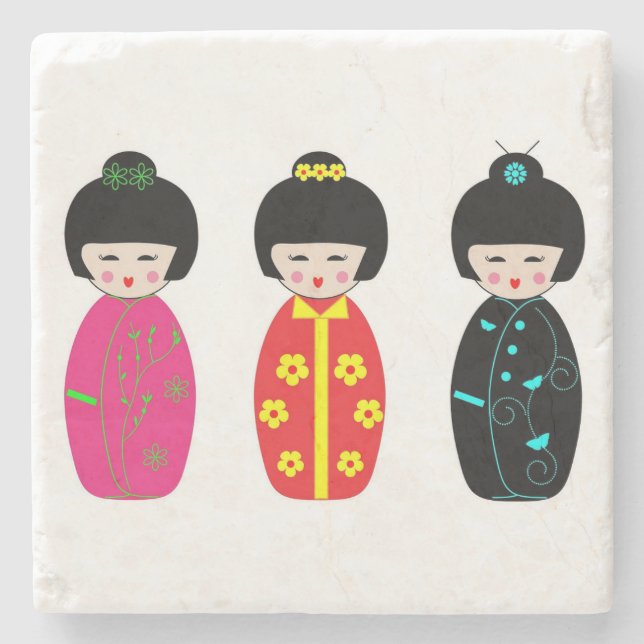 Traditional Japanese Kokeshi Geisha Dolls Stone Coaster (Front)