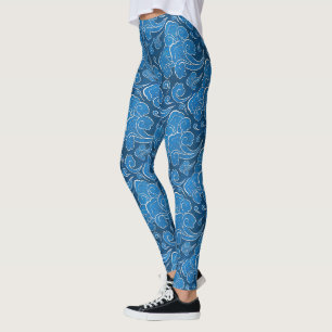 Traditional Japanese Style Wind Pattern Blue Leggings