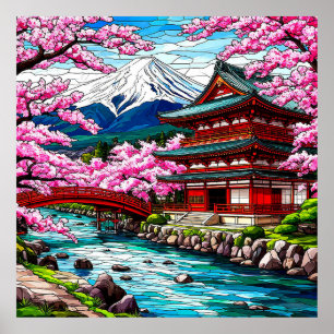 Traditional Japanese Temple and Bridge Poster