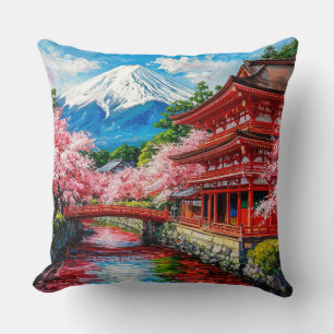 Traditional Japanese Temple with Cherry Blooms Cushion