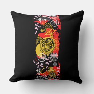  Traditional japanese tiger decorative red black Cushion