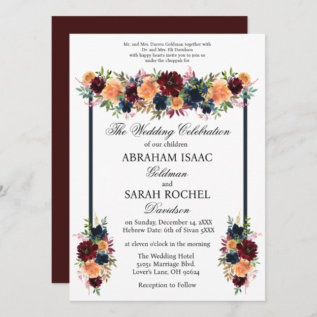 Traditional Jewish Wedding Invitations - Gold Wine (Front/Back)