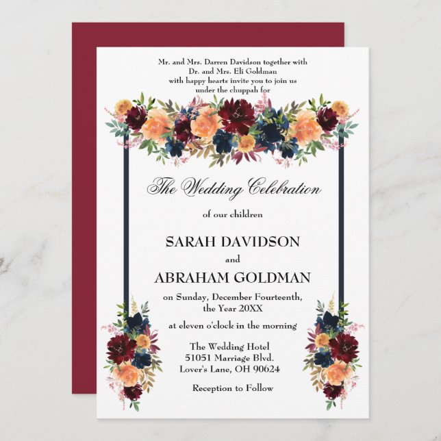 Traditional Jewish Wedding Invitations - Gold Wine (Front/Back)