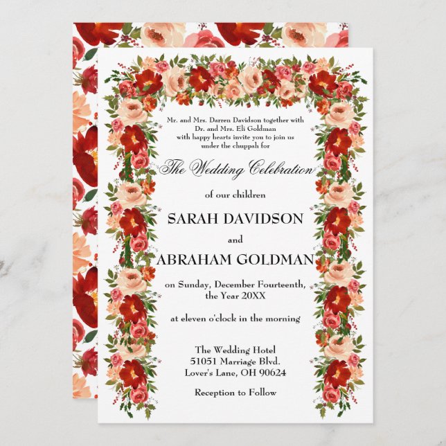 Traditional Jewish Wedding Invitations - Roses  (Front/Back)