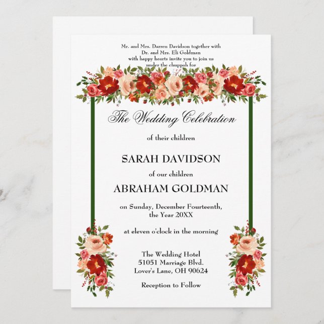 Traditional Jewish Wedding Invitations - Roses  (Front/Back)
