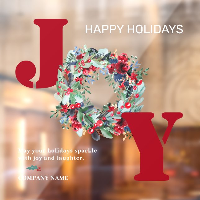 Traditional joy christmas floral wreath red green window cling (Sheet 2)