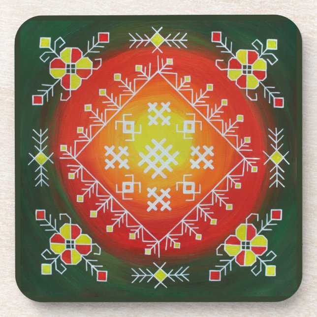 Traditional Latvian folk art with symbols painting Coaster (Front)