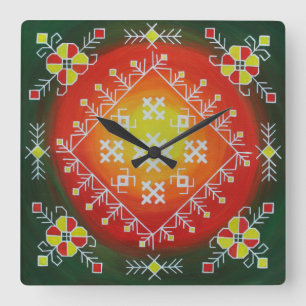 Traditional Latvian folk art with symbols painting Square Wall Clock