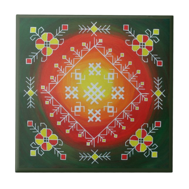 Traditional Latvian folk art with symbols painting Tile (Front)