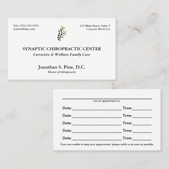 Traditional Layout Chiropractic Appointment Cards (Front/Back)