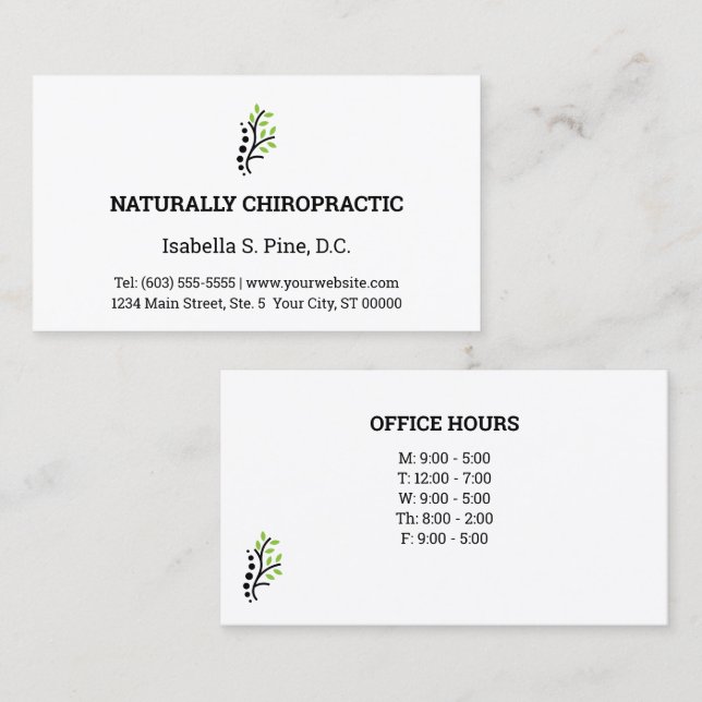 Traditional Layout with Office Hours Chiropractic Business Card (Front/Back)