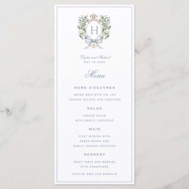 Traditional Leaf Crest Monogram 4 Course Wedding  Menu (Front)