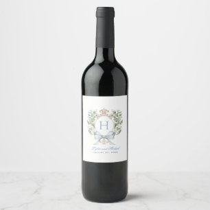Traditional Leaf Crest w/ Bow   Monogram Wedding Wine Label