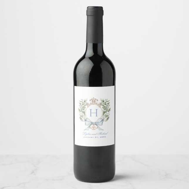 Traditional Leaf Crest w/ Bow | Monogram Wedding Wine Label (Front)