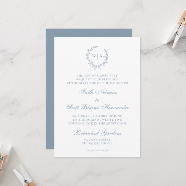 Traditional Light Blue Monogram Wreath Invitation (Front/Back In Situ)
