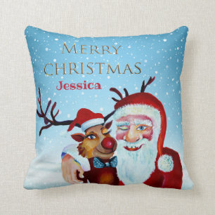 Traditional Magical Santa Claus   Smiling Rudolf Cushion