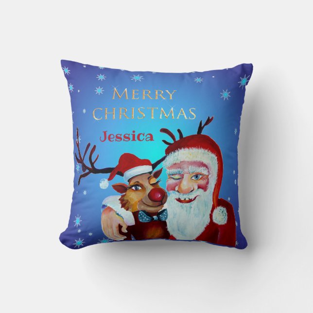 Traditional Magical Santa Claus   Smiling Rudolf Cushion (Front)