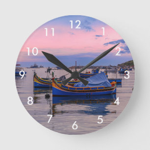 Traditional Maltese boats in Marsaxlokk Round Clock
