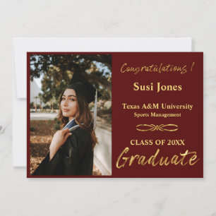 Traditional Maroon Gold Script Graduate Photo Announcement