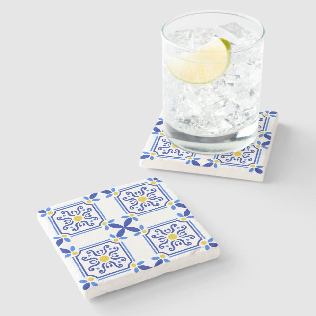Traditional Mediterranean Portuguese Azulejo Stone Coaster (Side)