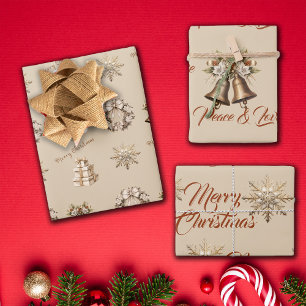 Traditional Merry Christmas Antique Gold Wrapping Paper Sheet