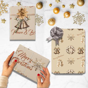 Traditional Merry Christmas Antique Gold Wrapping Paper Sheet