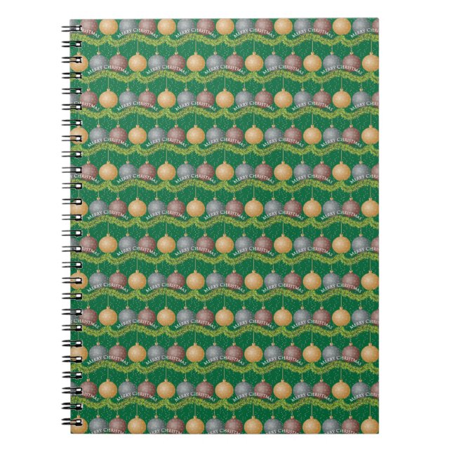 Traditional Merry Christmas green ball ornaments Notebook (Front)