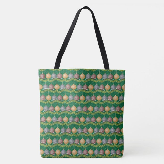 Traditional Merry Christmas green ball ornaments Tote Bag (Front)