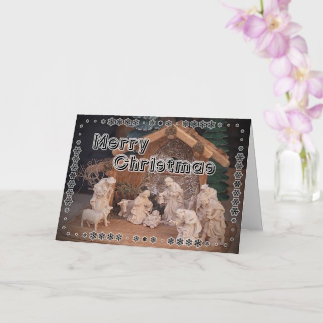 Traditional Merry Christmas wooden nativity scene Card (Orchid)
