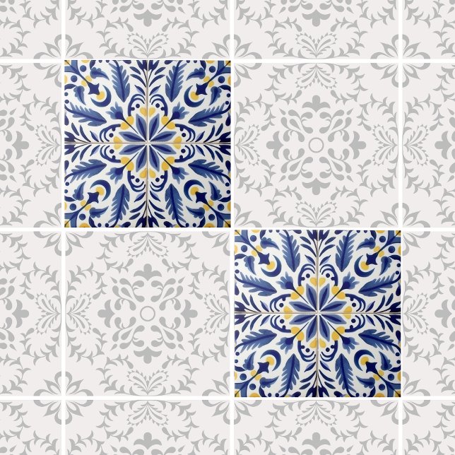 Traditional Mexican Blue Flower Lemon Decorative Tile (Creator Uploaded)