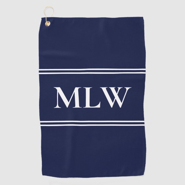 Traditional Midnight Blue White Monogram Initials Golf Towel (Front)