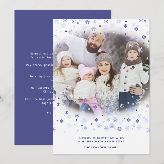 Traditional Minimalist Blue Snowflakes Photo  Holiday Card (Front/Back)