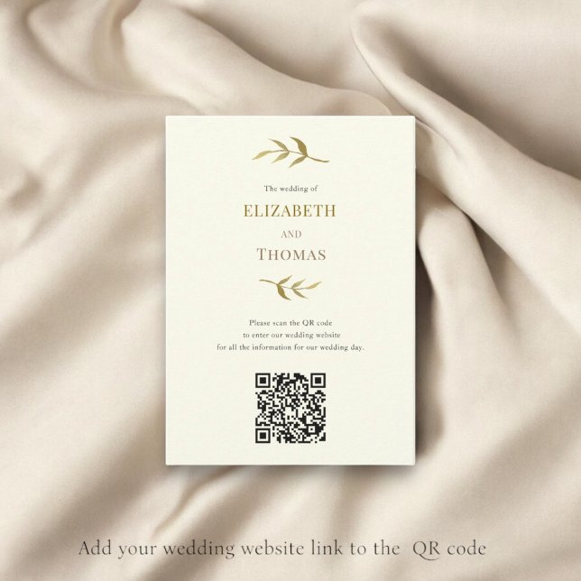 Traditional modern wedding website qr code  enclosure card (wedding website qr code template , easy to customize , luxury ivory and gold wedding)