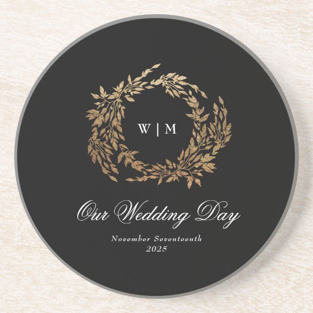 Traditional Monogram Black Crest Classic Wedding Coaster (Front)