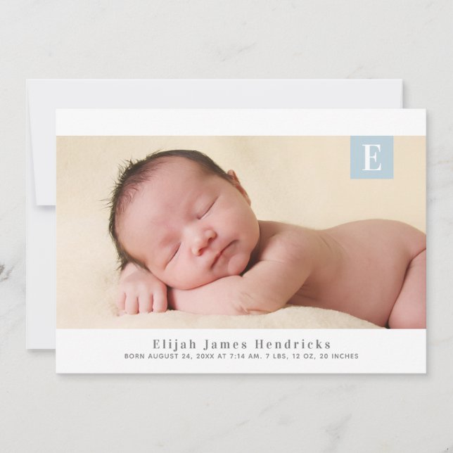 Traditional Monogram Boys Photo Birth Announcement (Front)