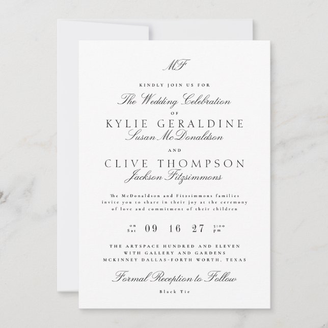 Traditional Monogram Classic Black White Wedding Invitation (Front)