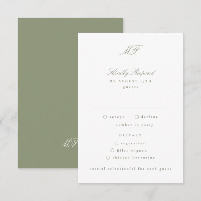 Traditional Monogram Classic Sage Green Wedding RSVP Card (Front/Back)