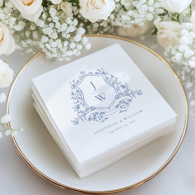 Traditional Monogram Crest Blue Elegant Wedding Napkin (Creator Uploaded)