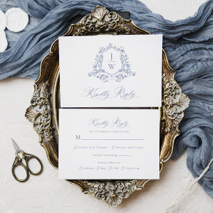 Traditional Monogram Crest Blue Elegant Wedding RSVP Card