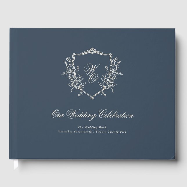 traditional Monogram Crest Classic Navy Wedding Guest Book (Front)